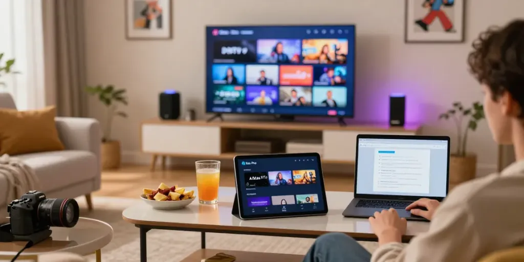 Profitez de l'expérience Atlas Pro dans un salon moderne, affichant l'application IPTV sur tablette et chaînes en direct.